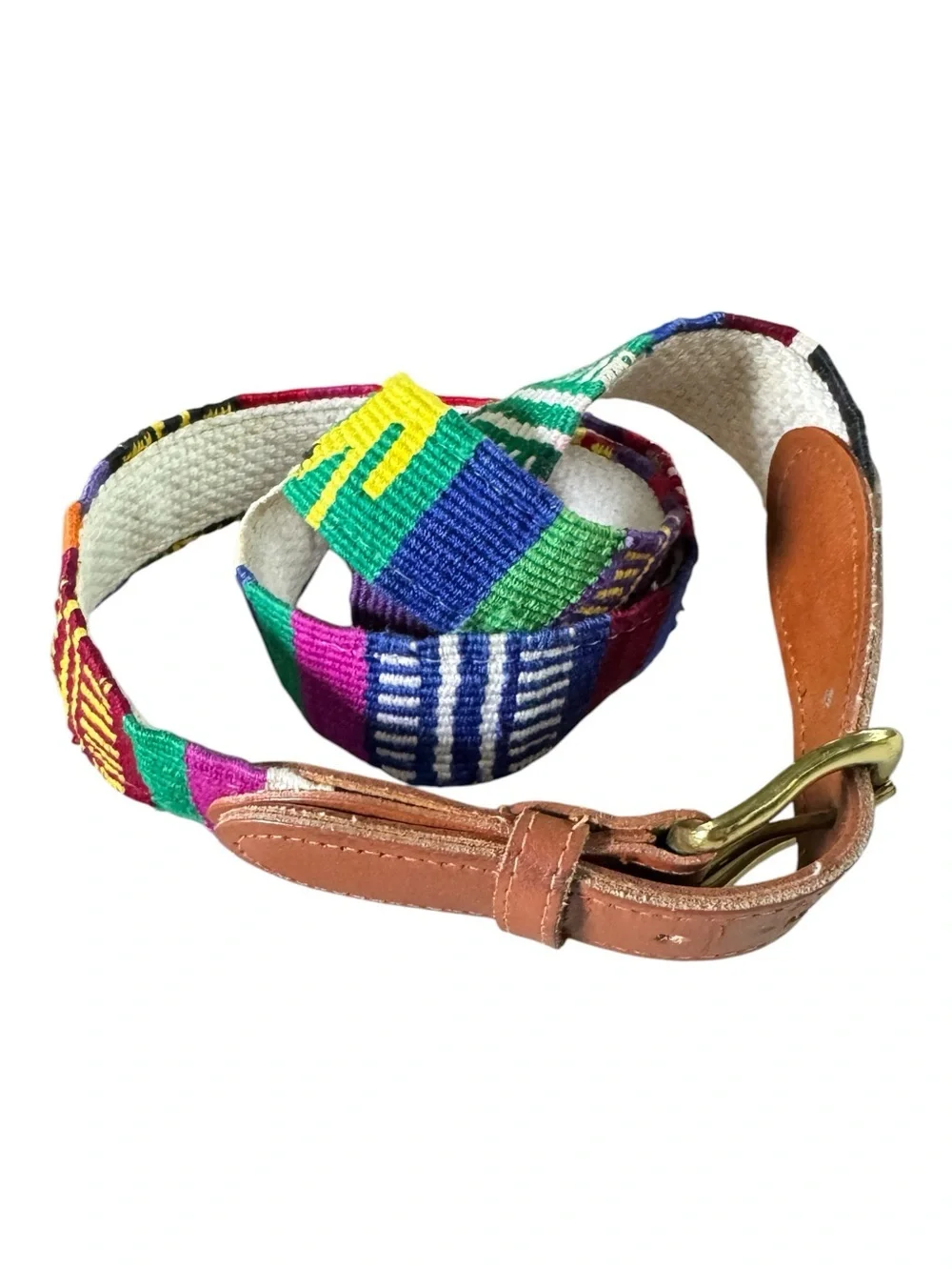Vintage Guatemalan Woven Textile Leather Belt Sz 33 Multicolor Boho Southwestern